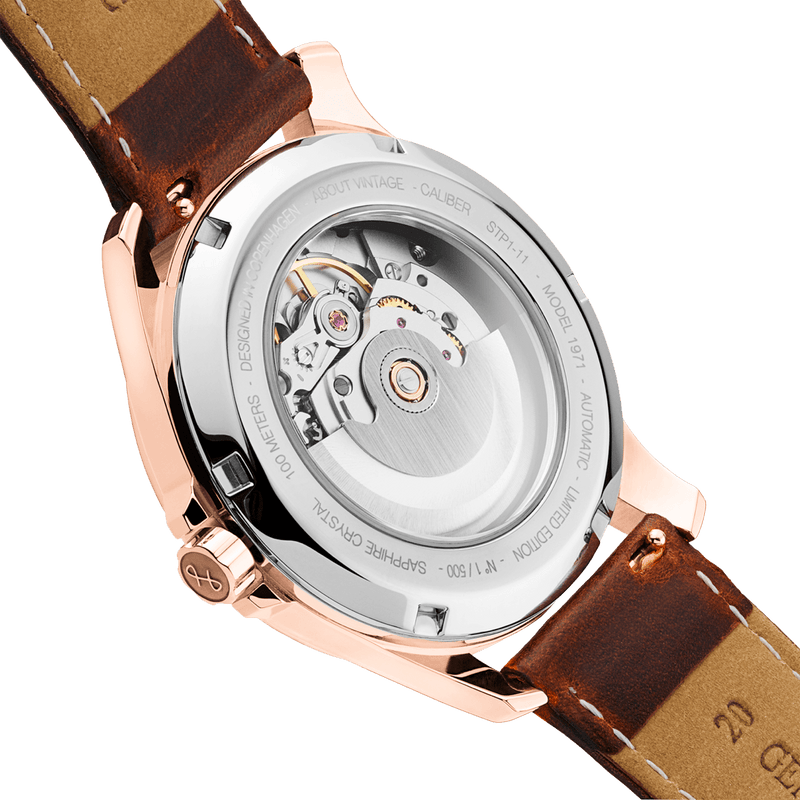 1971 Automatic, Rose Gold / White - Swiss Made by AV86 with exhibition case back, sapphire crystal, and brown leather strap