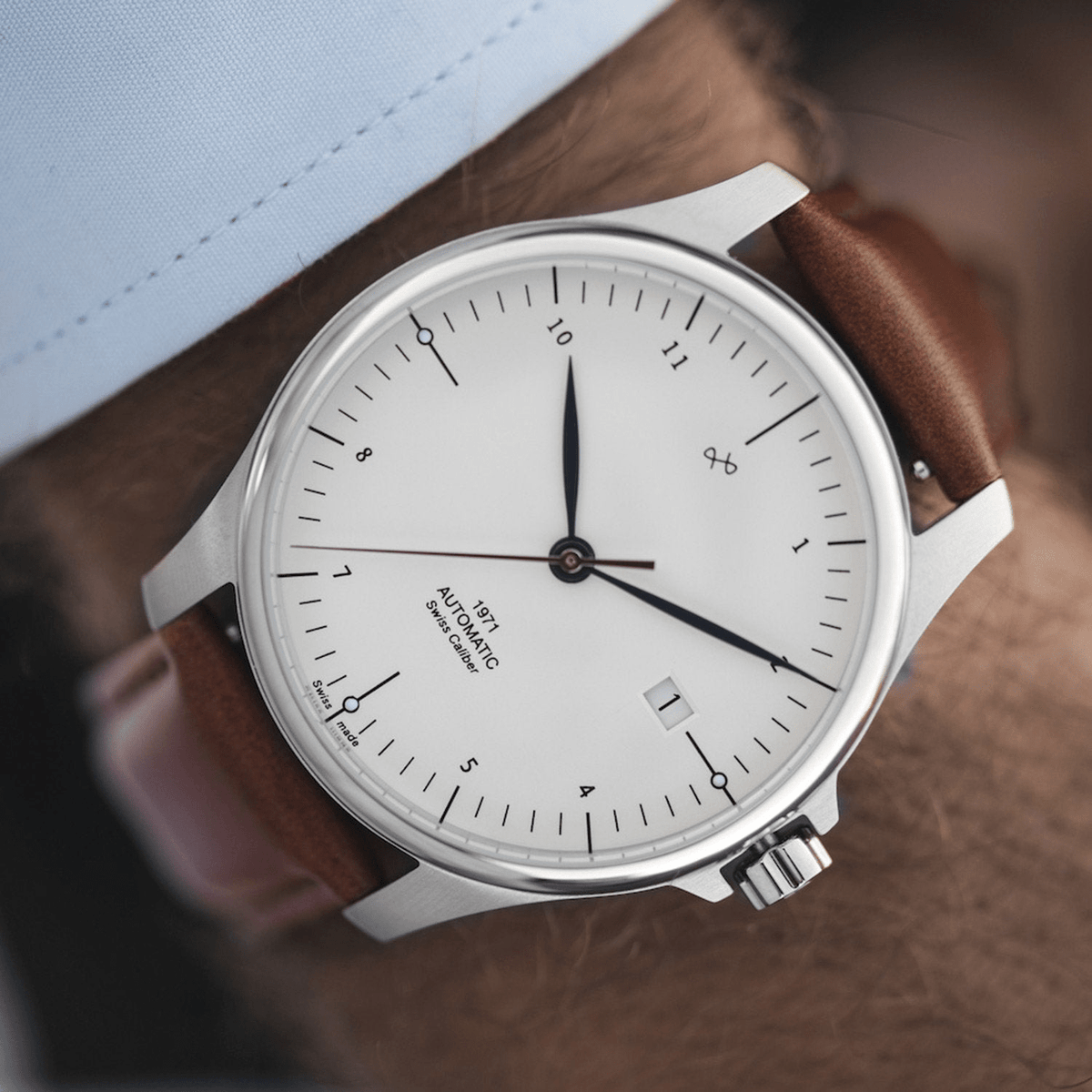 1971 Automatic by AV86 Scandinavian luxury automatic watch with sapphire crystal, minimalist dial, and brown leather strap