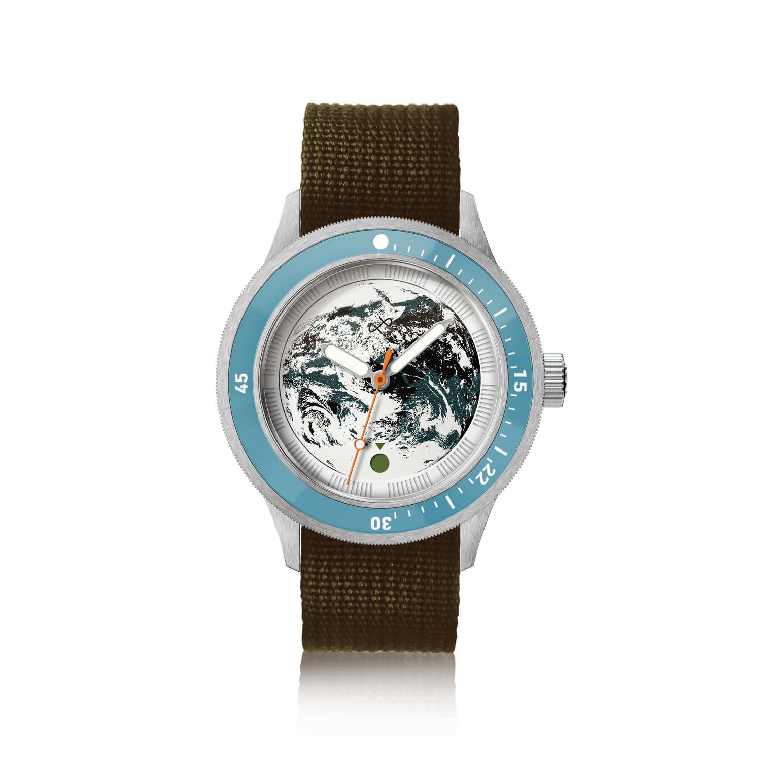 Earthrise WWF Partnership, Automatik / 2026 Edition von AV86 mit blauer Lünette, detailliertem Zifferblatt mit Erdmotiv und strapazierfähigem Armband in Army-Grün aus recyceltem Material.