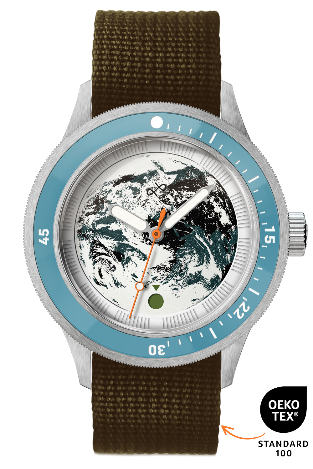 Wristwatch with a silver case, pale blue bezel, globe-themed dial, orange second hand, and dark olive fabric strap with OEKO-TEX label