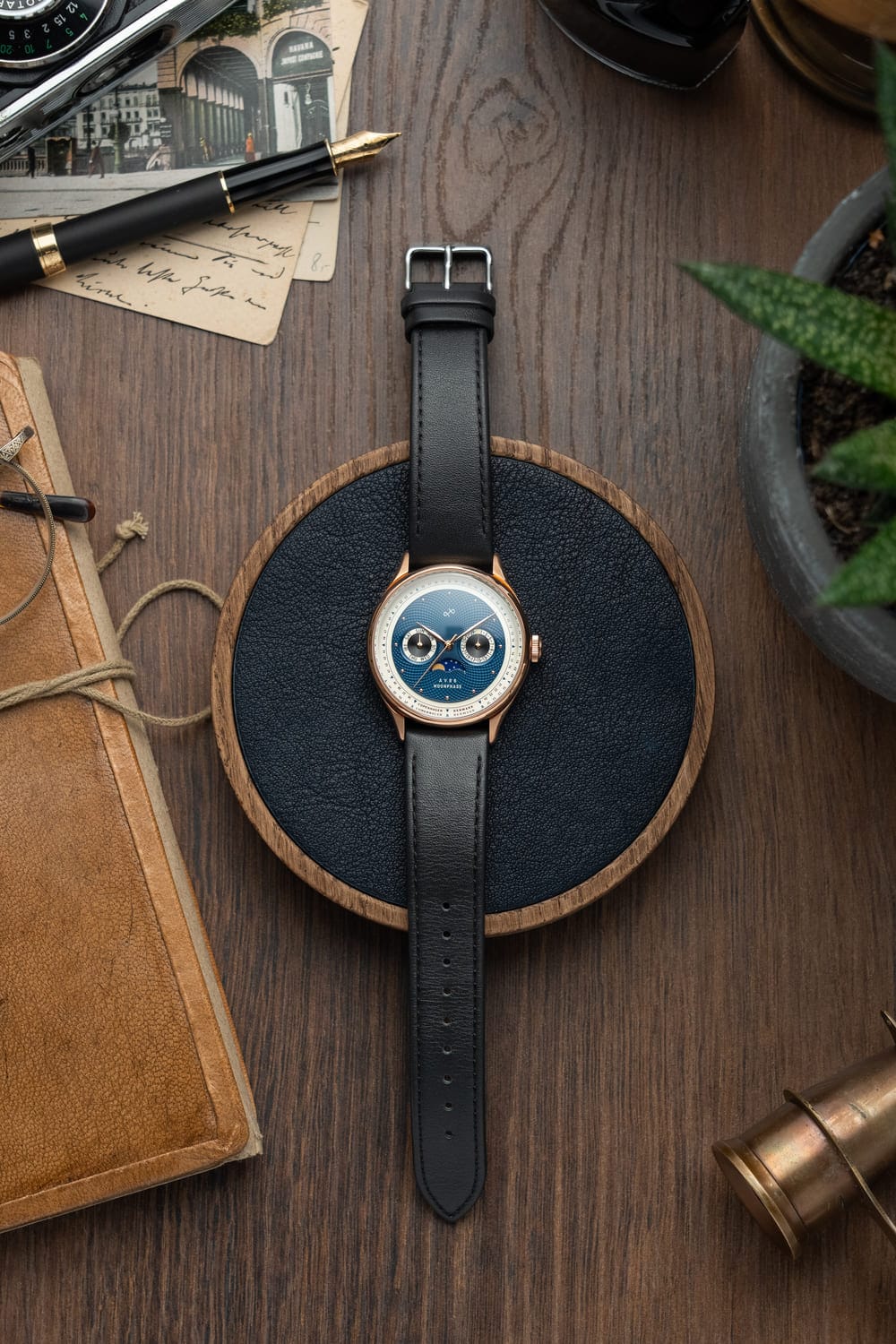 1968 Moonphase, Rose Gold / Dark Blue by AV86 luxury moonphase watch with sapphire crystal, leather strap, and vintage-inspired dial