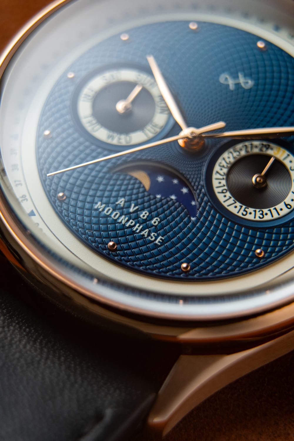 1968 Moonphase, Rose Gold / Dark Blue by AV86 with moonphase complication, sapphire crystal, textured dial, and leather strap