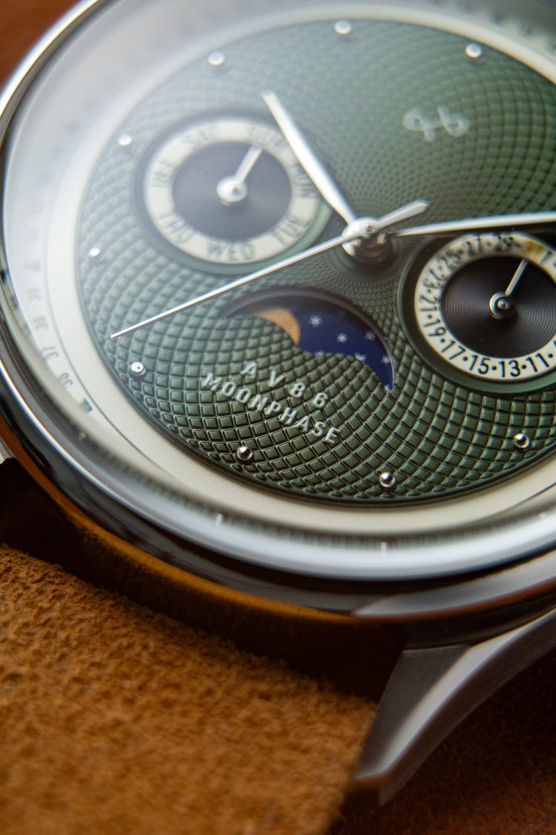 1968 Moonphase by AV86 with textured dial, sapphire crystal, moonphase complication, date and day subdials, leather strap