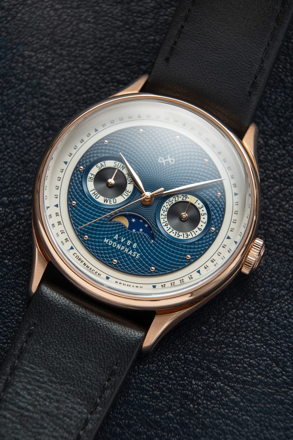 1968 Moonphase, Rose Gold / Dark Blue by AV86 luxury moonphase watch with sapphire crystal, guilloché dial, and black leather strap