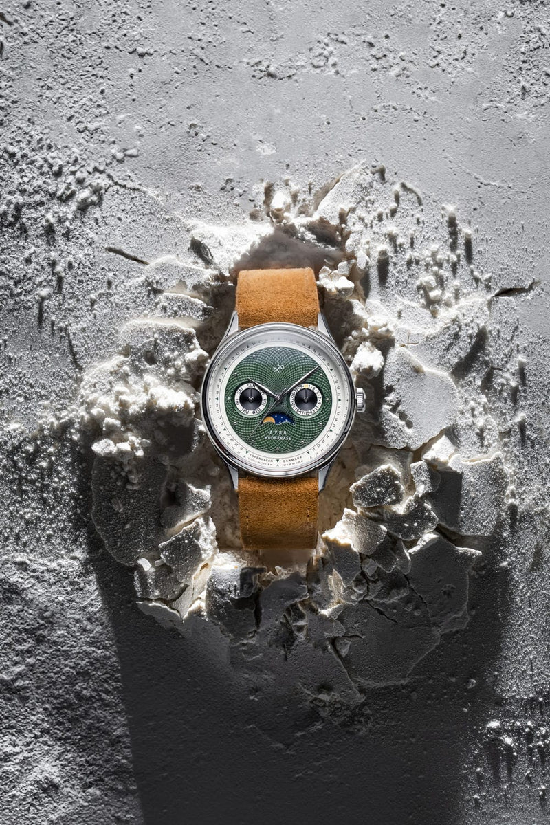 1968 Moonphase by AV86 with moonphase complication, vintage-inspired dial, sapphire crystal, and brown leather strap
