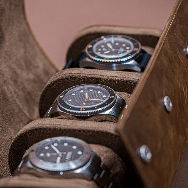 Watch Roll - Brown by AV86 crafted in premium full grain leather with compartments for three luxury timepieces storage and travel