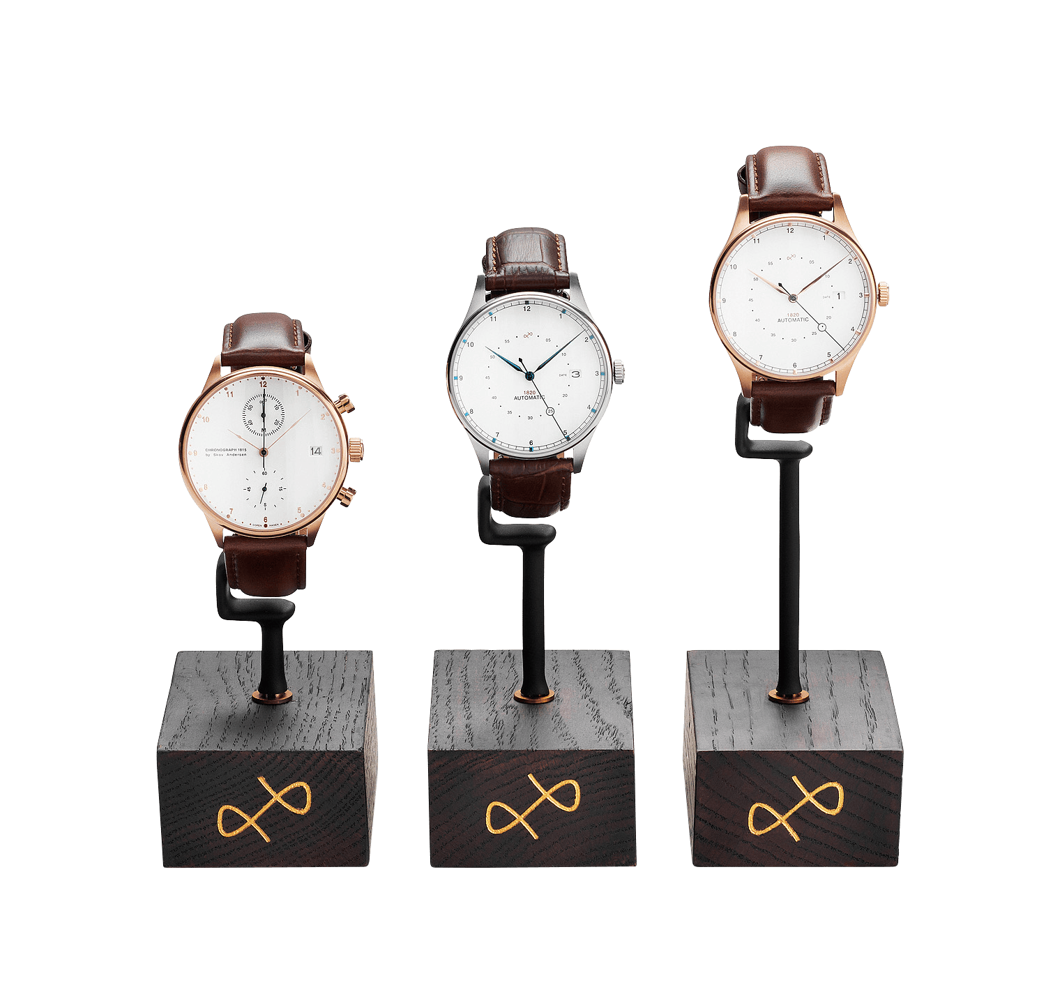 C-clip-sæt (3 stk.) fra AV86 indeholder vintage-inspirerede Chronograph- og dressureure med læderremme og minimalistiske urskiver