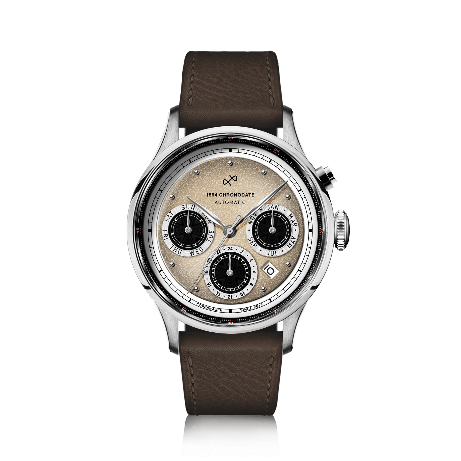 1564 Chronodate Automatic fra AV86 – elegant vintage-inspireret kronograf med Sapphire Crystal, automatisk urværk og læderrem