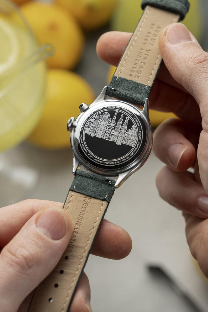 1564 Chronodate Automatic by AV86 with engraved case back, genuine leather strap, and precision automatic movement