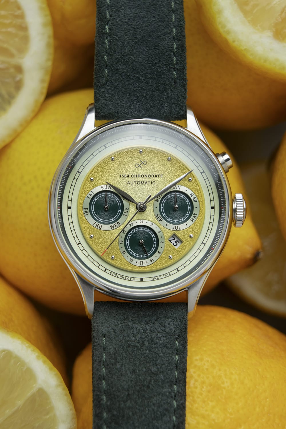 1564 Chronodate Automatik von AV86: ein vom Vintage-Stil inspirierter Chronograph mit strukturiertem Zifferblatt, Saphirglas und Lederarmband, umgeben von Zitronen