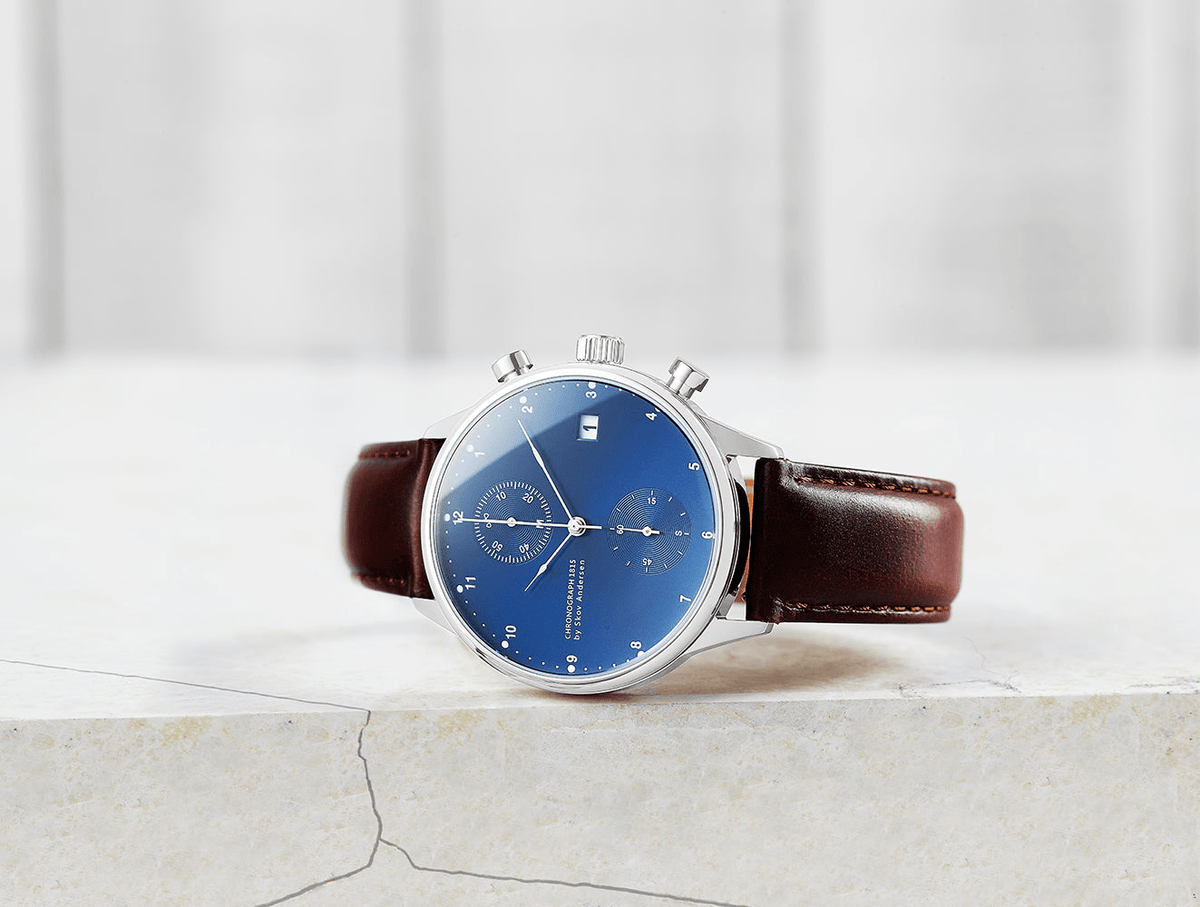1815 Chronograph by AV86 with sapphire crystal, vintage-inspired dial, chronograph subdials, and brown leather strap