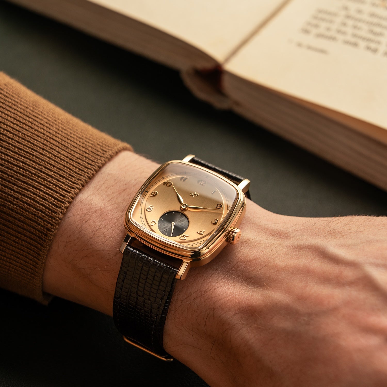 1954 Amalfi Mechanical by AV86 with vintage-inspired cushion case, elegant dial, sapphire crystal, and textured leather strap on wrist