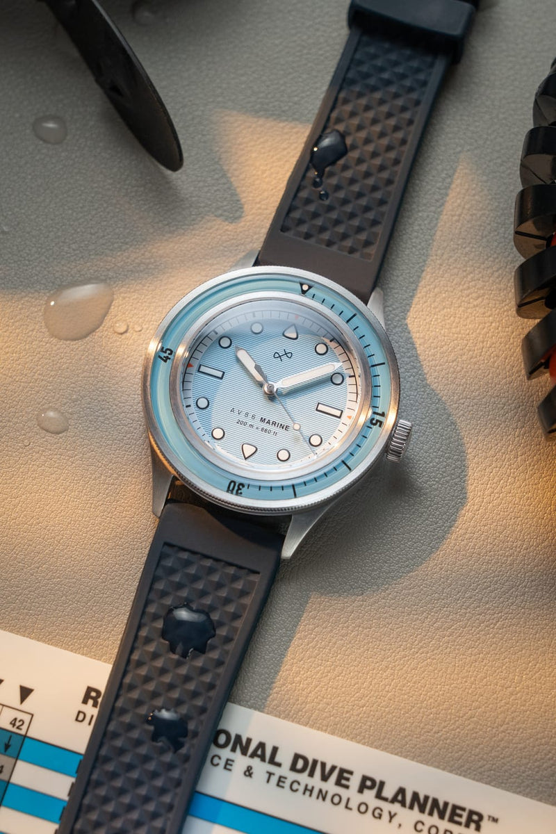 1956 Marine by AV86 vintage-inspired diver watch with sapphire crystal, compass bezel, and textured rubber strap