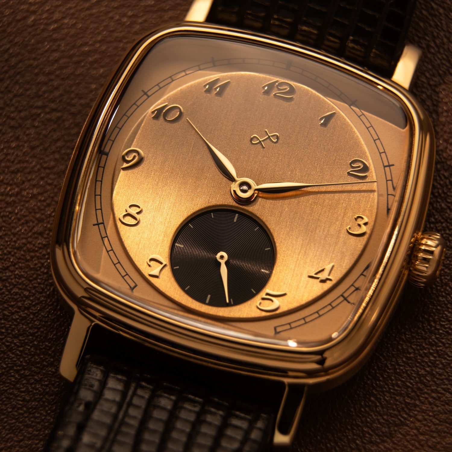 1954 Amalfi Mechanical by AV86 featuring a vintage-inspired dial, gold case, sapphire crystal, and black leather strap luxury timepiece