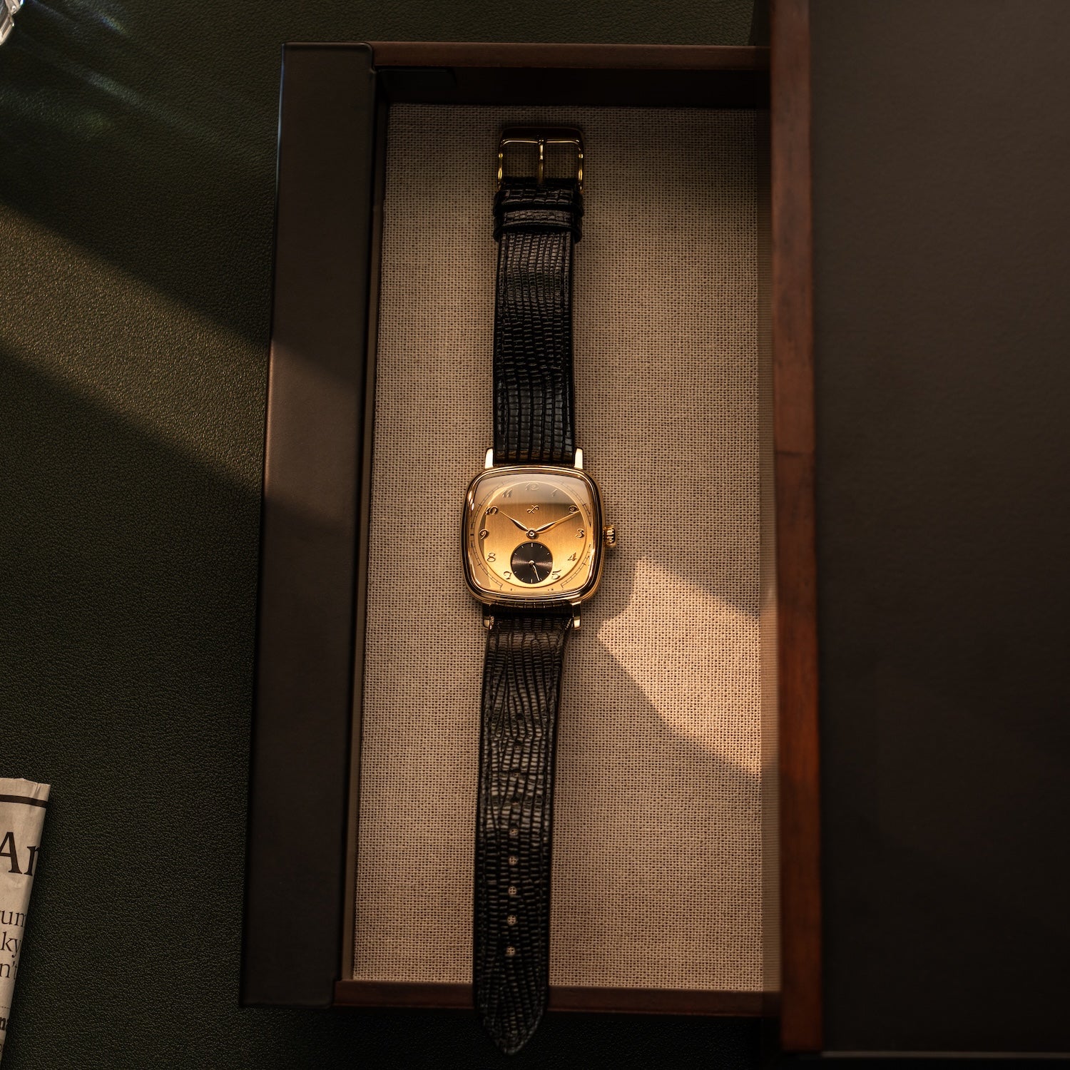 1954 Amalfi Mechanical by AV86 luxury vintage-inspired watch with gold case, mechanical movement, and black leather strap in elegant box