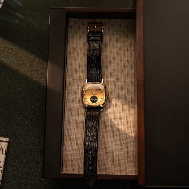 1954 Amalfi Mechanical by AV86 luxury vintage-inspired watch with gold case, mechanical movement, and black leather strap in elegant box