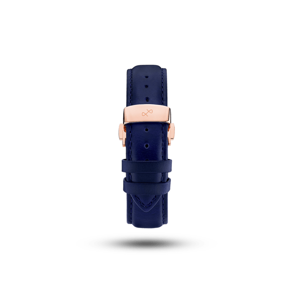 Fermoir papillon - Bracelet en cuir bleu foncé avec fermoir papillon plaqué or rose, savoir-faire de haute qualité par la marque scandinave de luxe AV86