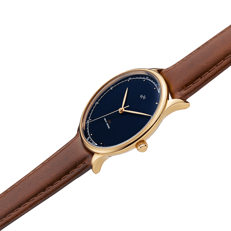 Modèle Vintage 1969, Or / Bleu nuit - Édition spéciale – 39 mm par AV86, avec cadran minimaliste, Verre saphir et bracelet en cuir marron
