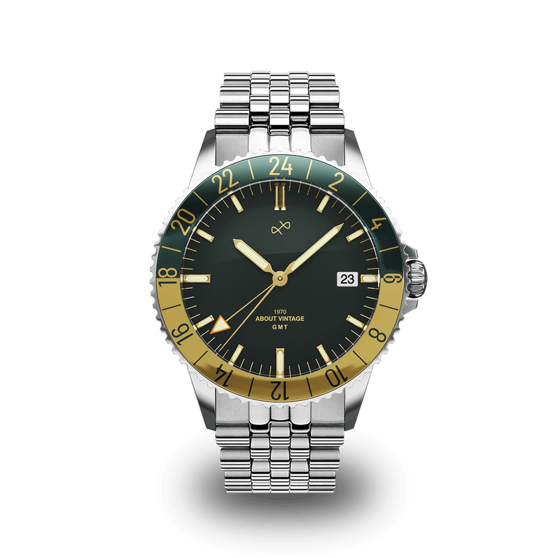 Montre GMT automatique Haagen de 1970 par AV86 : une montre GMT de luxe dotée d'un verre saphir, d'un cadran d'inspiration vintage, d'une lunette 24 heures et d'un bracelet en métal