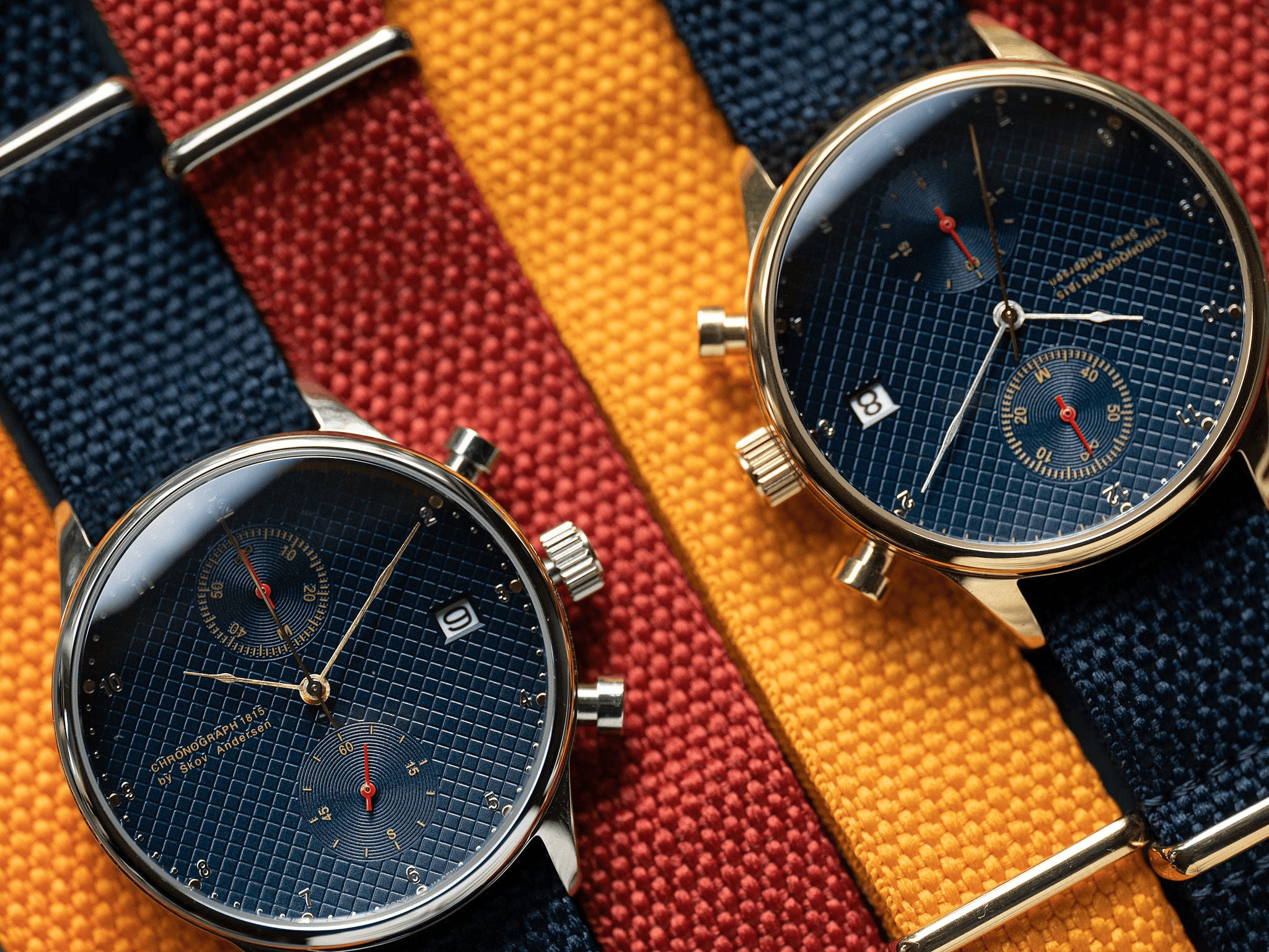 1815 Justin Gatlin, Gold / Blue Turtle by AV86 vintage-inspired chronograph with sapphire crystal, blue textured dial, and fabric strap