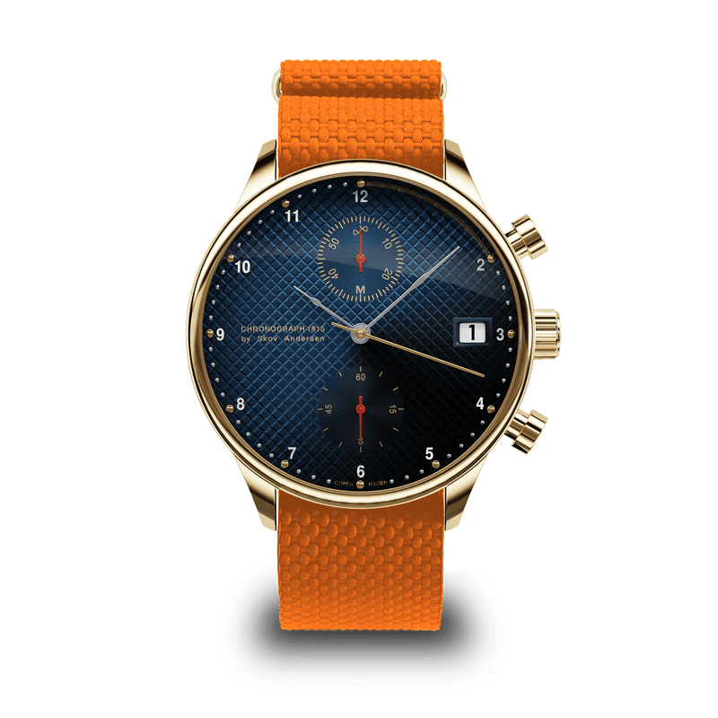 1815 Justin Gatlin, Chronographe « Gold / Blue Turtle » d'AV86 avec Verre saphir, cadran bleu texturé, guichet de date et Bracelet en caoutchouc orange