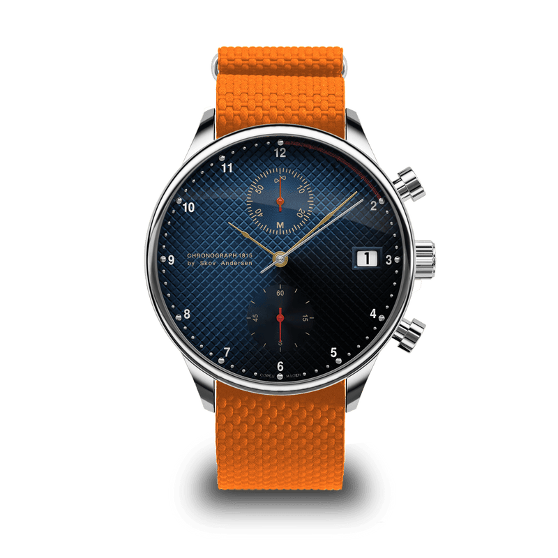 Chronographe Justin Gatlin 1815 par AV86, d'inspiration vintage, avec Verre saphir, cadran texturé, guichet de date et bracelet en caoutchouc orange