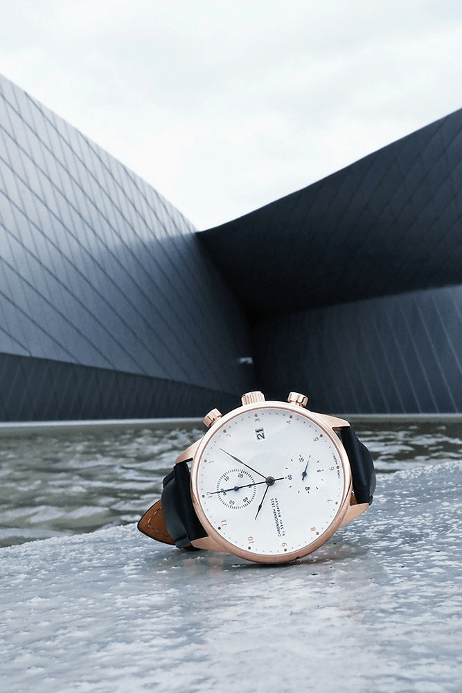 1815 Chronograph, Rose Gold / White by AV86 luxury chronograph with sapphire crystal, rose gold case, black leather strap, minimalist dial