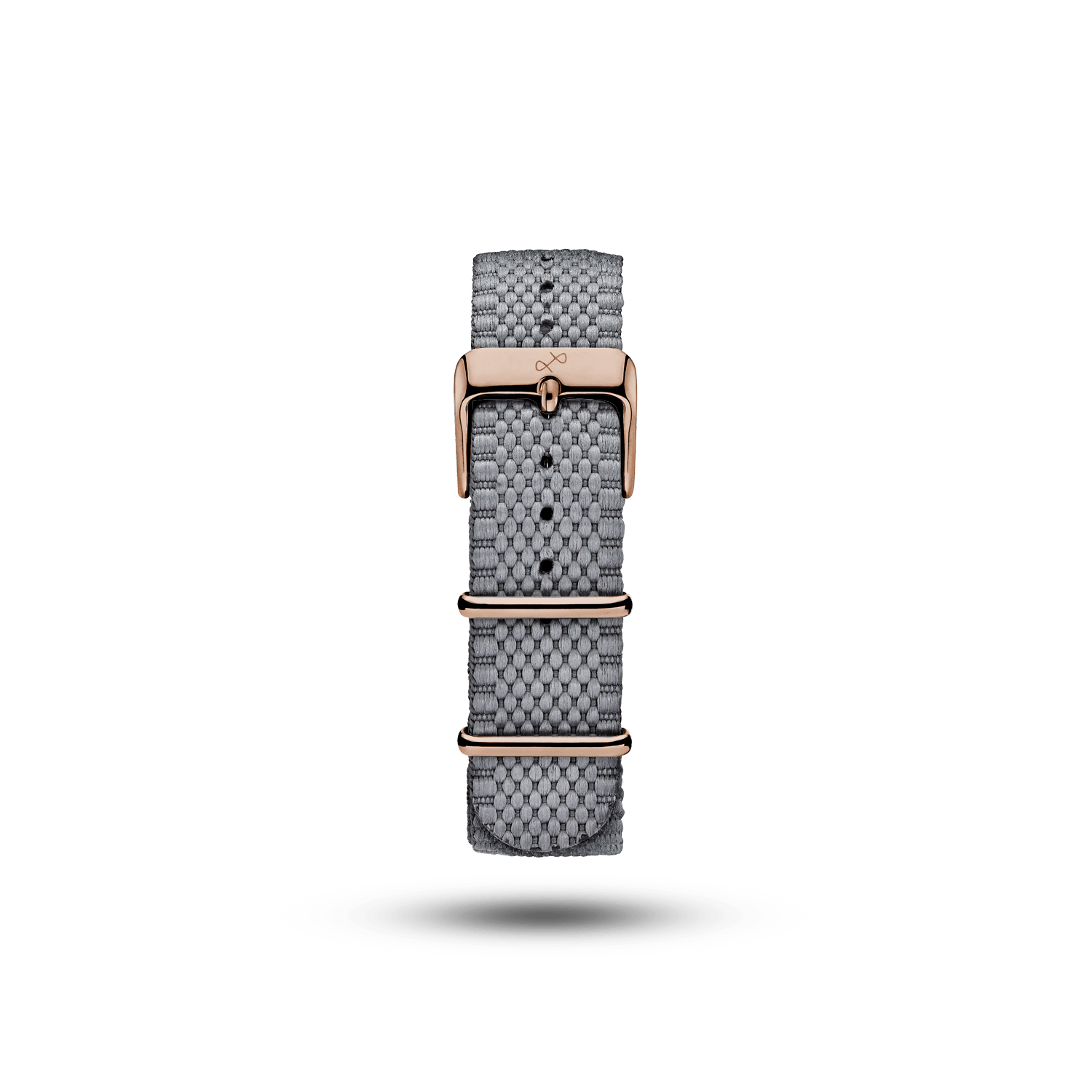 Nato - Bracelet tissé gris Steelstripe avec boucle en or rose, signé AV86, incarnant le minimalisme nordique et l'élégance du Design danois.