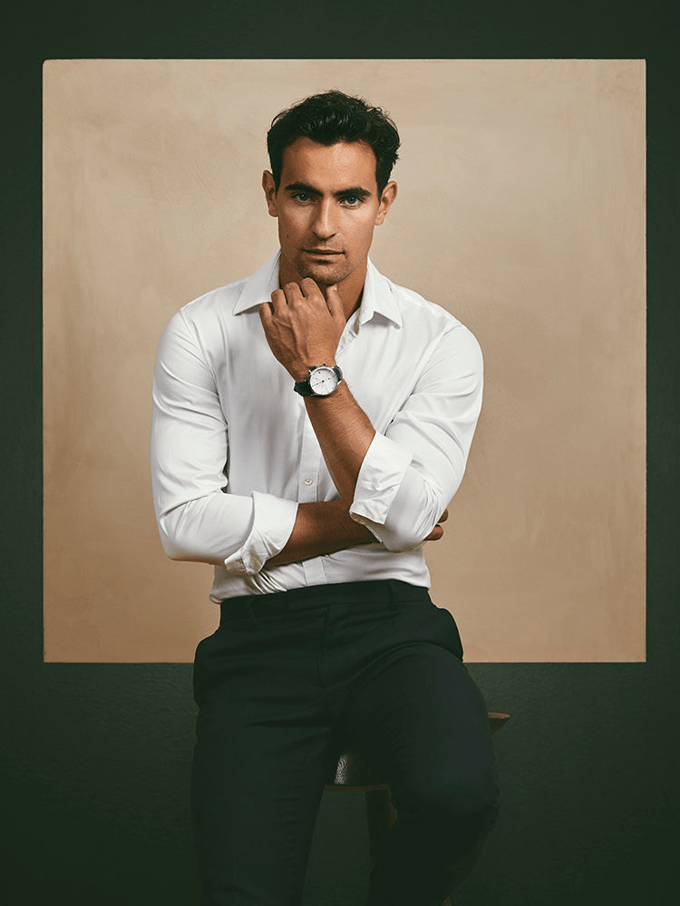 1815 Chronograph by AV86 worn by model in white dress shirt and dark trousers, showcasing elegant Scandinavian minimalism style