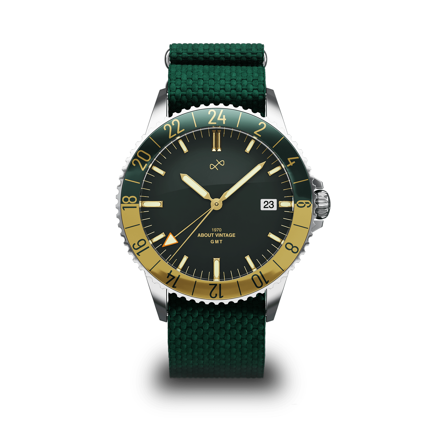 Haagen GMT Automatique de 1970, fabriquée en Suisse par AV86, avec cadran d'inspiration vintage, lunette GMT, Verre saphir et bracelet en tissu vert