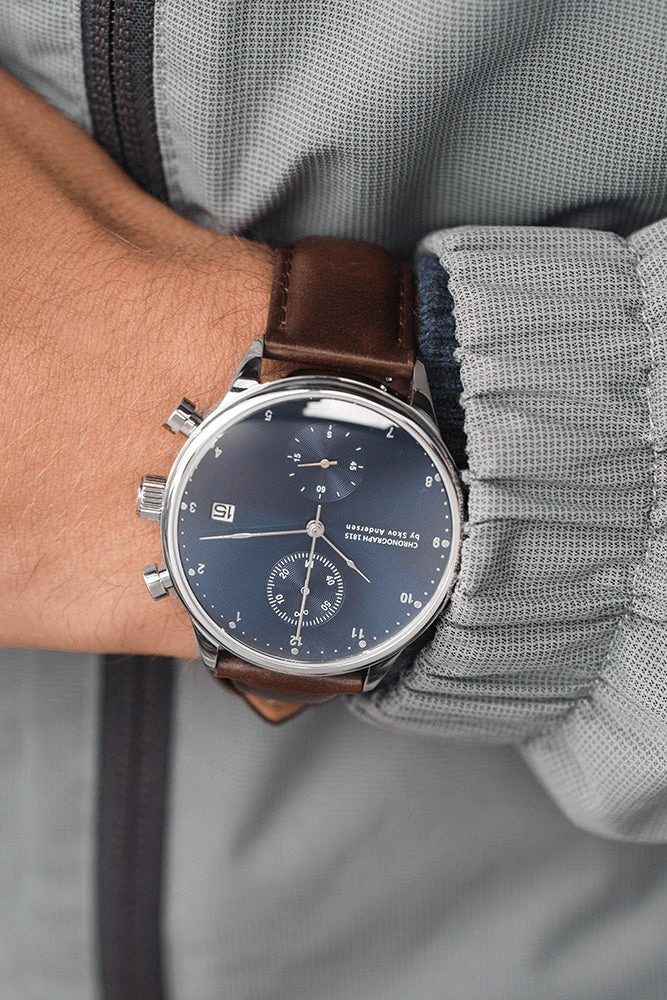 1815 Chronograph by AV86 luxury timepiece with sapphire crystal, vintage-inspired dial, chronograph function, and brown leather strap