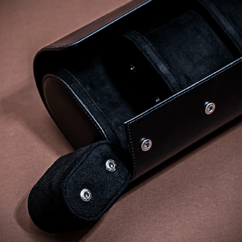 Watch Roll - Black by AV86 crafted in premium full grain leather with soft interior and secure snap closures for three watches