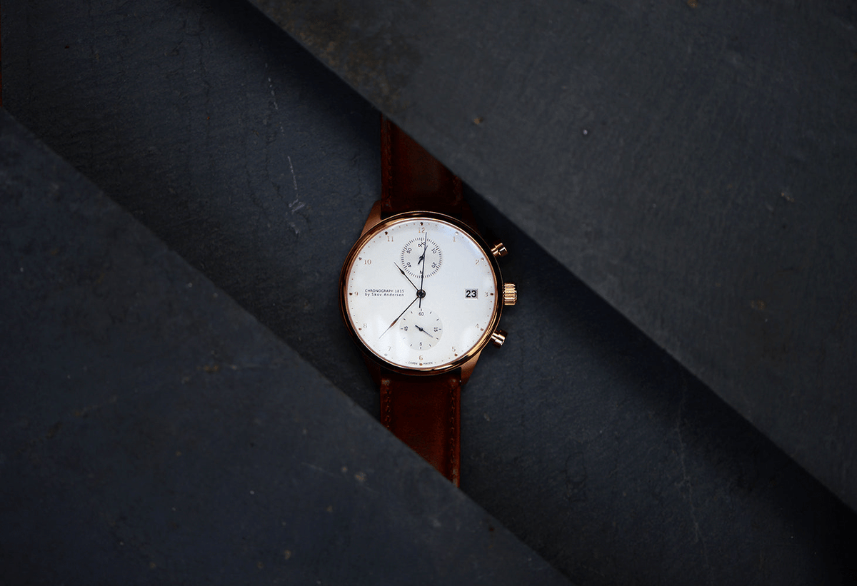 1815 Chronograph by AV86 with classic white dial, rose gold case, sapphire crystal, and brown leather strap luxury timepiece