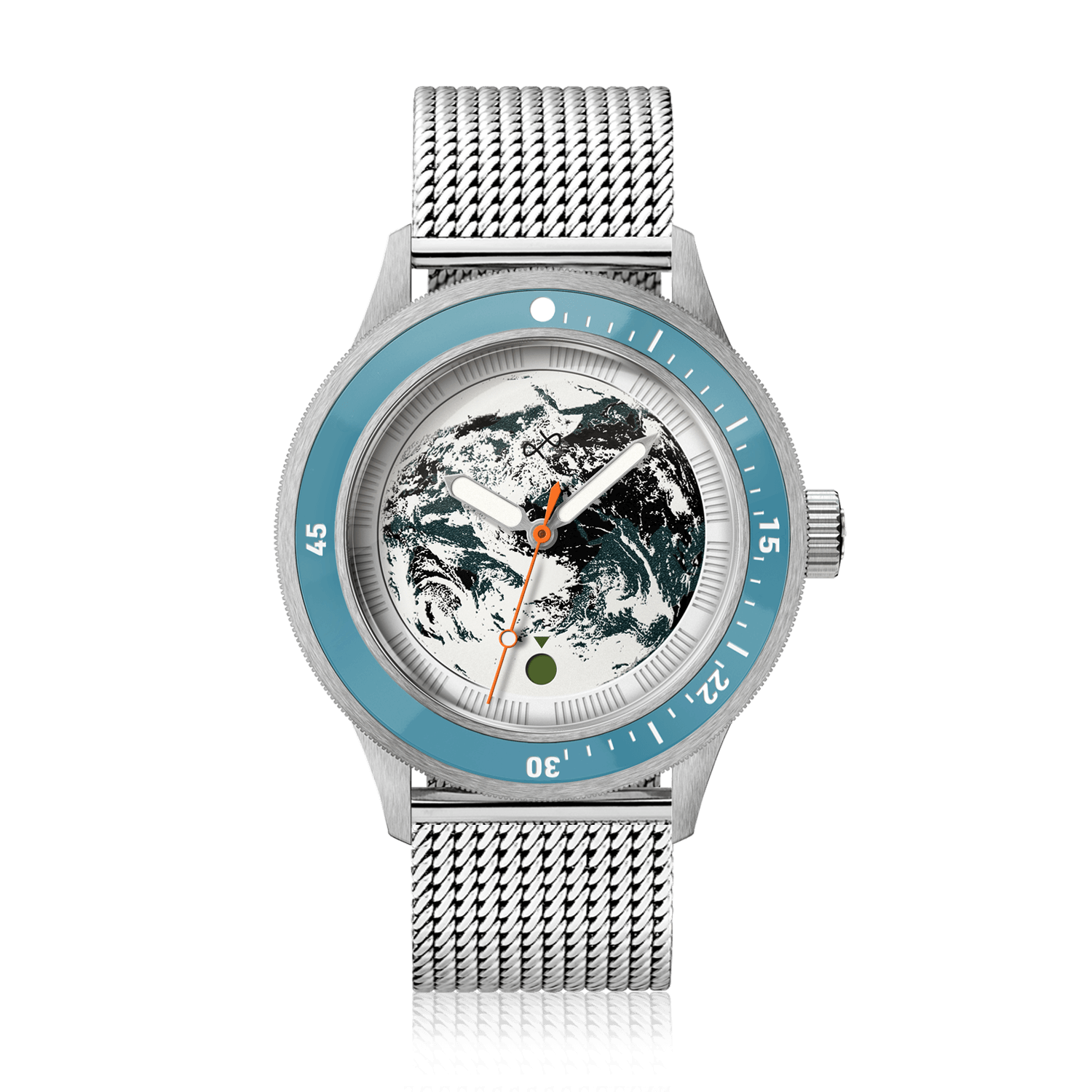 Modèle Earthrise WWF Partnership, Automatique / Édition 2026 par AV86, bracelet en maille d'acier inoxydable avec cadran sur le thème de la Terre et lunette bleue.