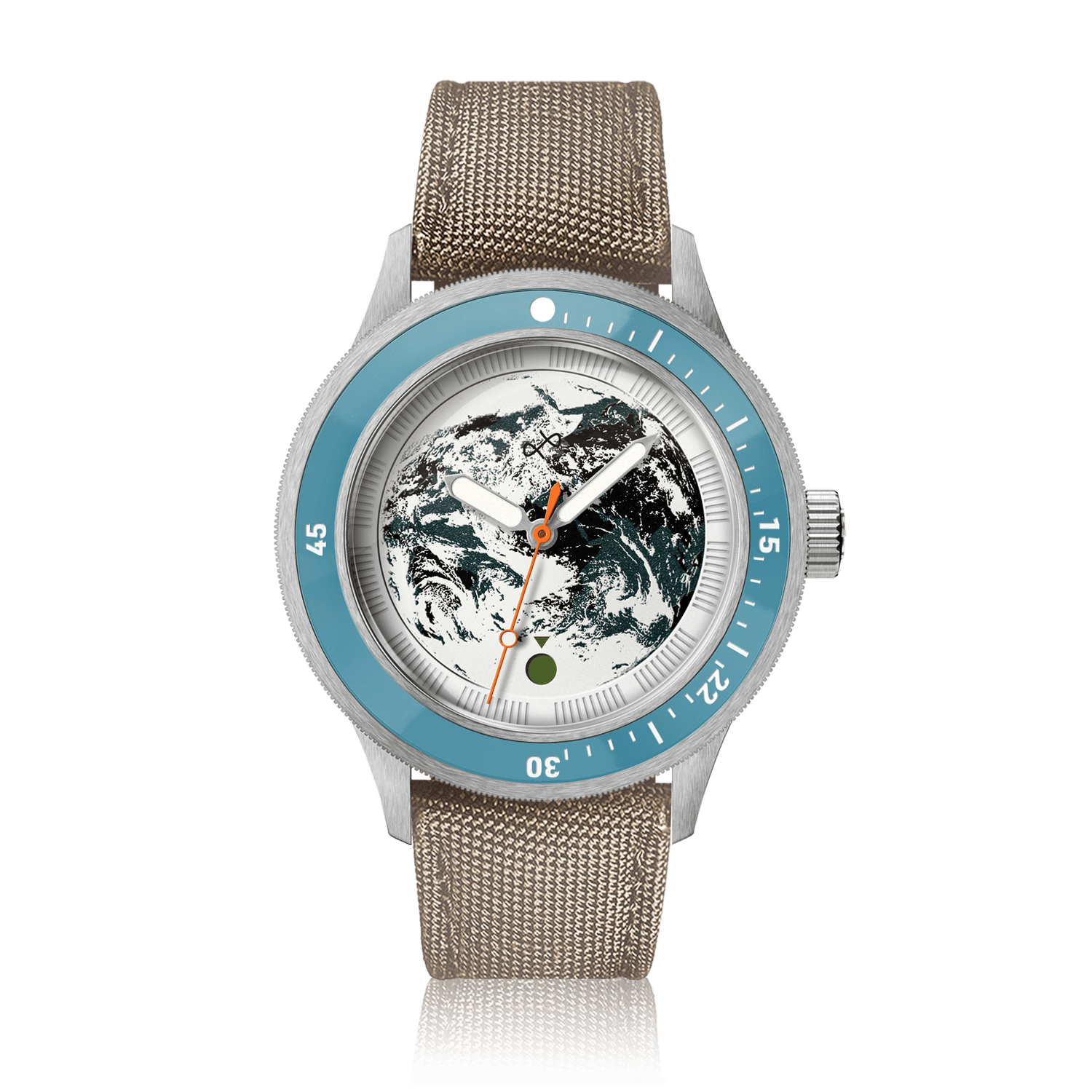 Modèle Earthrise WWF Partnership, Automatique / AV86 Edition 2026, avec lunette bleu clair, cadran Earth et bracelet en Cordura kaki.