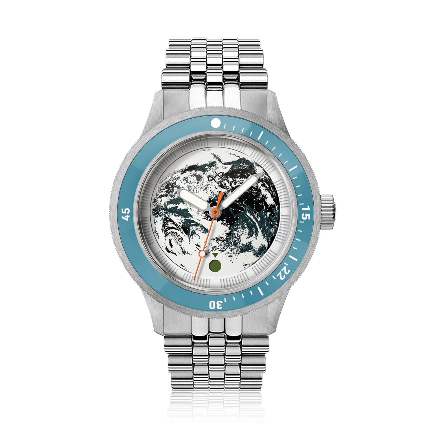 Modèle Earthrise WWF Partnership, Automatique / Édition 2026 par AV86, avec lunette bleu marine, cadran orné d'un motif représentant la Terre et bracelet en acier inoxydable poli.