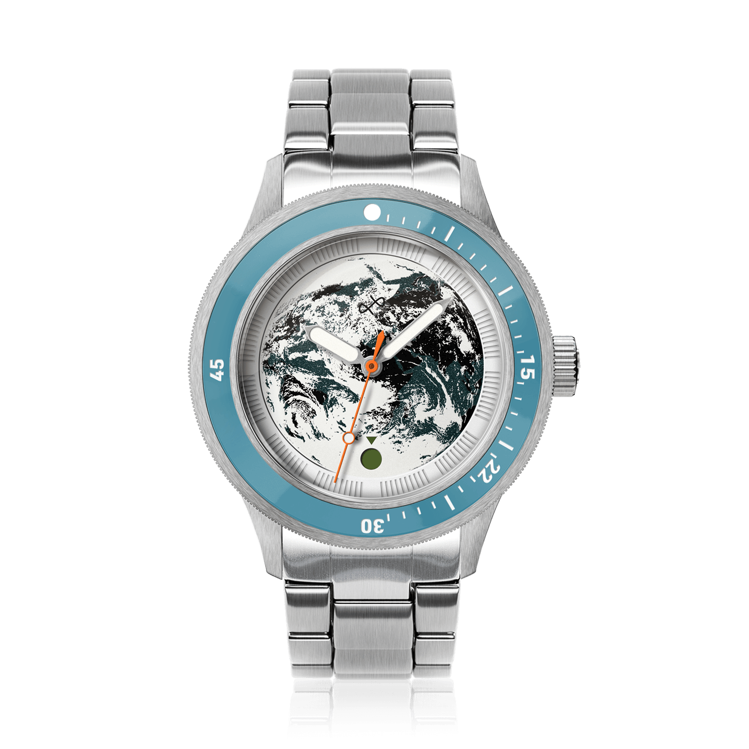 Modèle Earthrise WWF Partnership, Automatique / Édition 2026 par AV86, avec bracelet à maillons en acier inoxydable poli et lunette bleu clair.