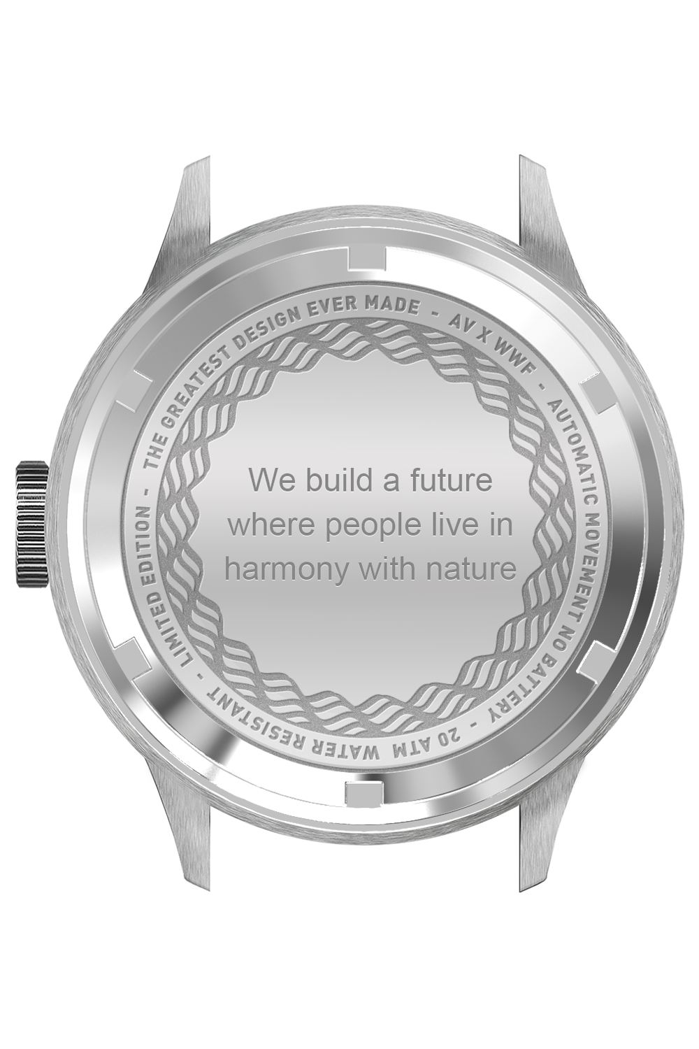 Back of a stainless steel watch case engraved with a nature harmony message and details about limited edition and water resistance.