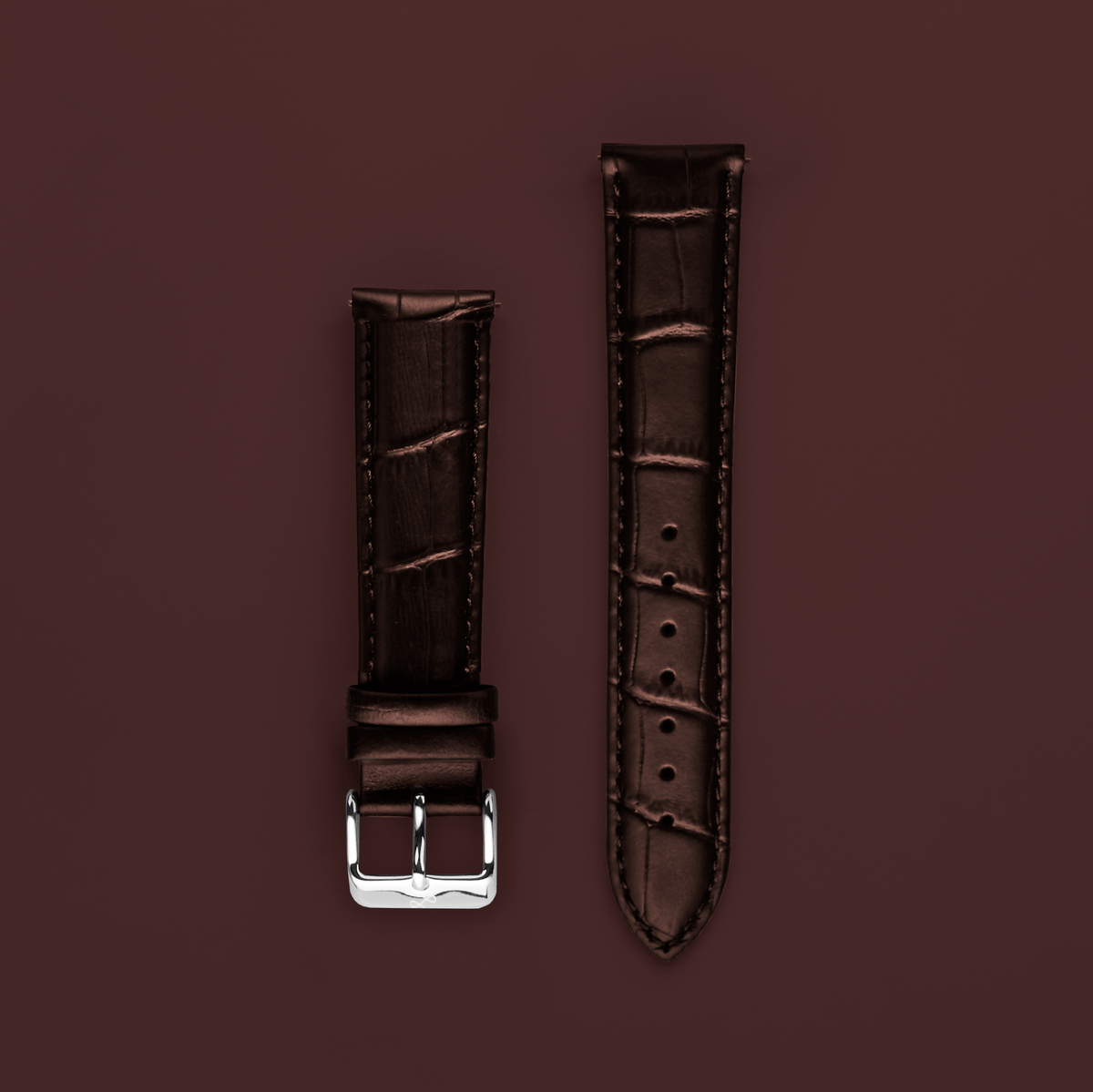 Cuir - Bracelet en cuir deux parties « Brown Croco » de haute qualité, doté d'une boucle ardillon en acier inoxydable, signé AV86, illustrant un savoir-faire artisanal classique