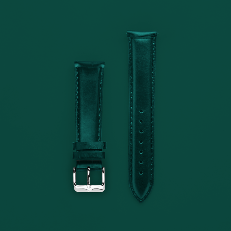 Cuir - Bracelet deux pièces de haute qualité vert foncé signé AV86, avec logo gravé et boucle ardillon en acier inoxydable, destiné aux garde-temps de luxe
