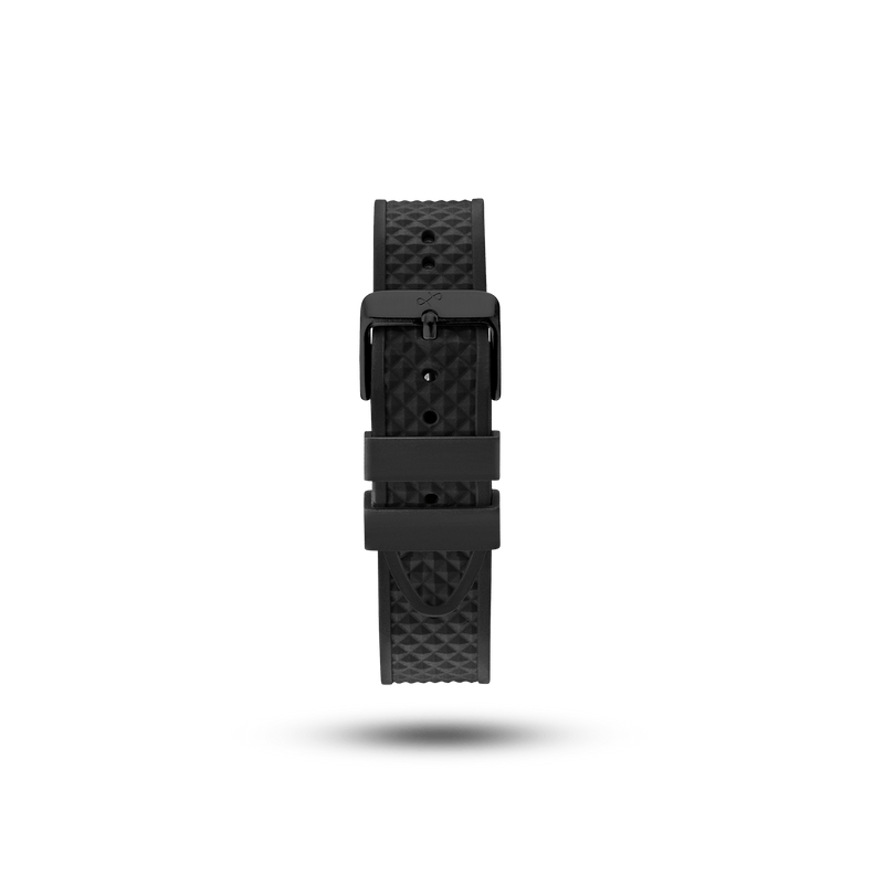 Bracelet en silicone noir signé AV86, avec une surface texturée, un design en deux parties et une boucle ardillon en acier inoxydable, destiné aux montres de luxe polyvalentes