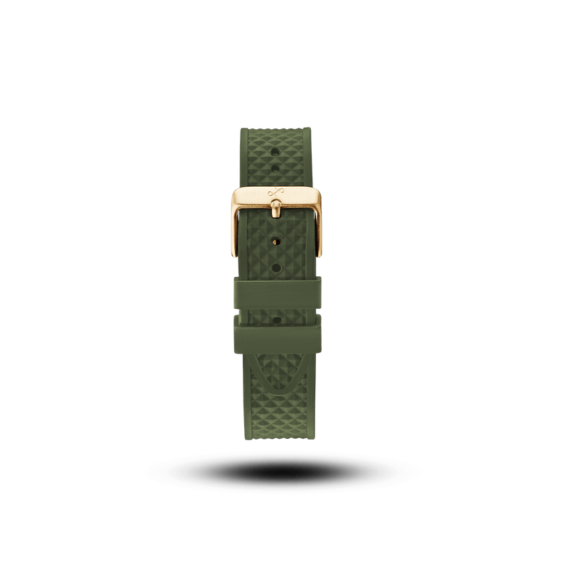 Bracelet en silicone vert signé AV86, doté d'un motif texturé et d'une boucle dorée polie, conçu pour offrir confort et durabilité