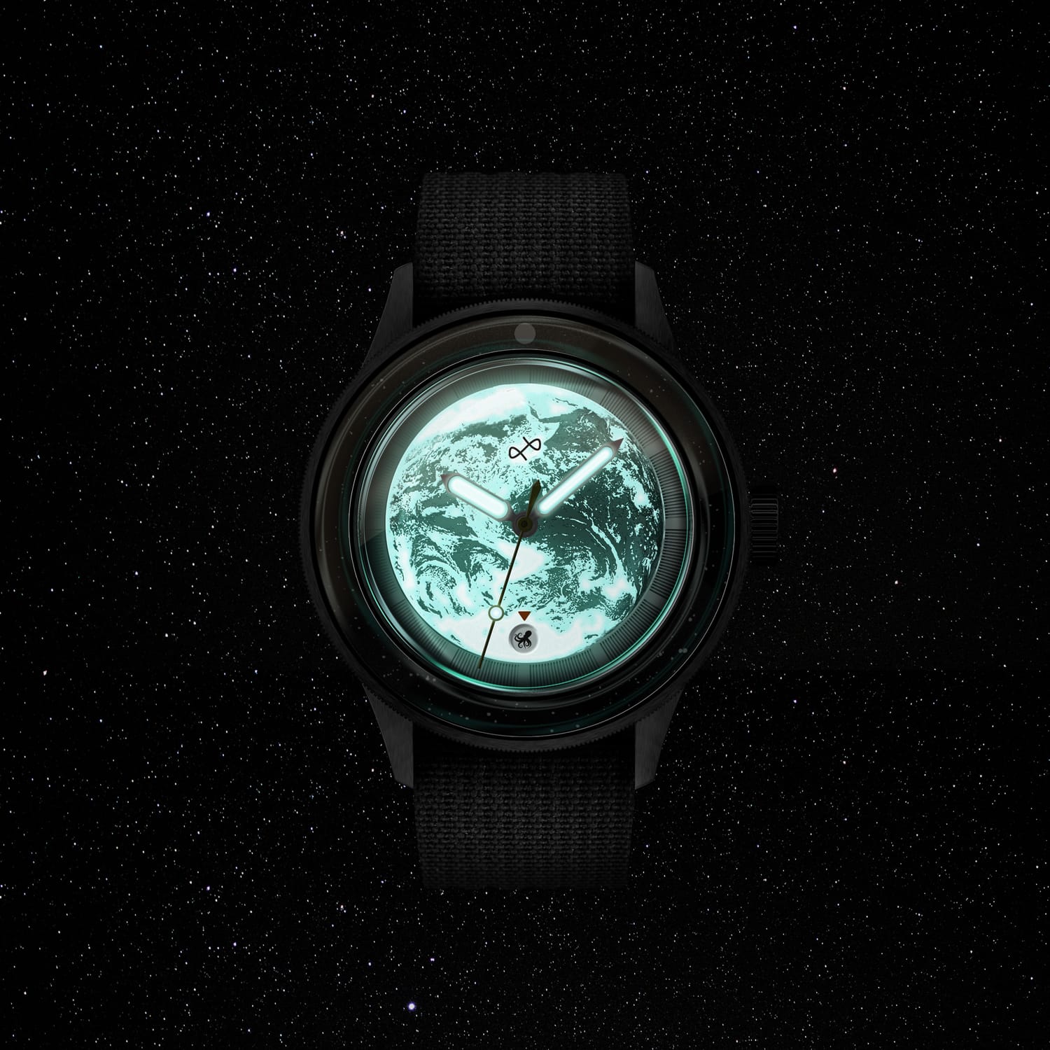 Earthrise WWF パートナーシップ、AV86 Edition 2025年モデル 自動巻き時計。発光する地球モチーフの文字盤、Sapphire Crystal、ファブリックストラップ付き