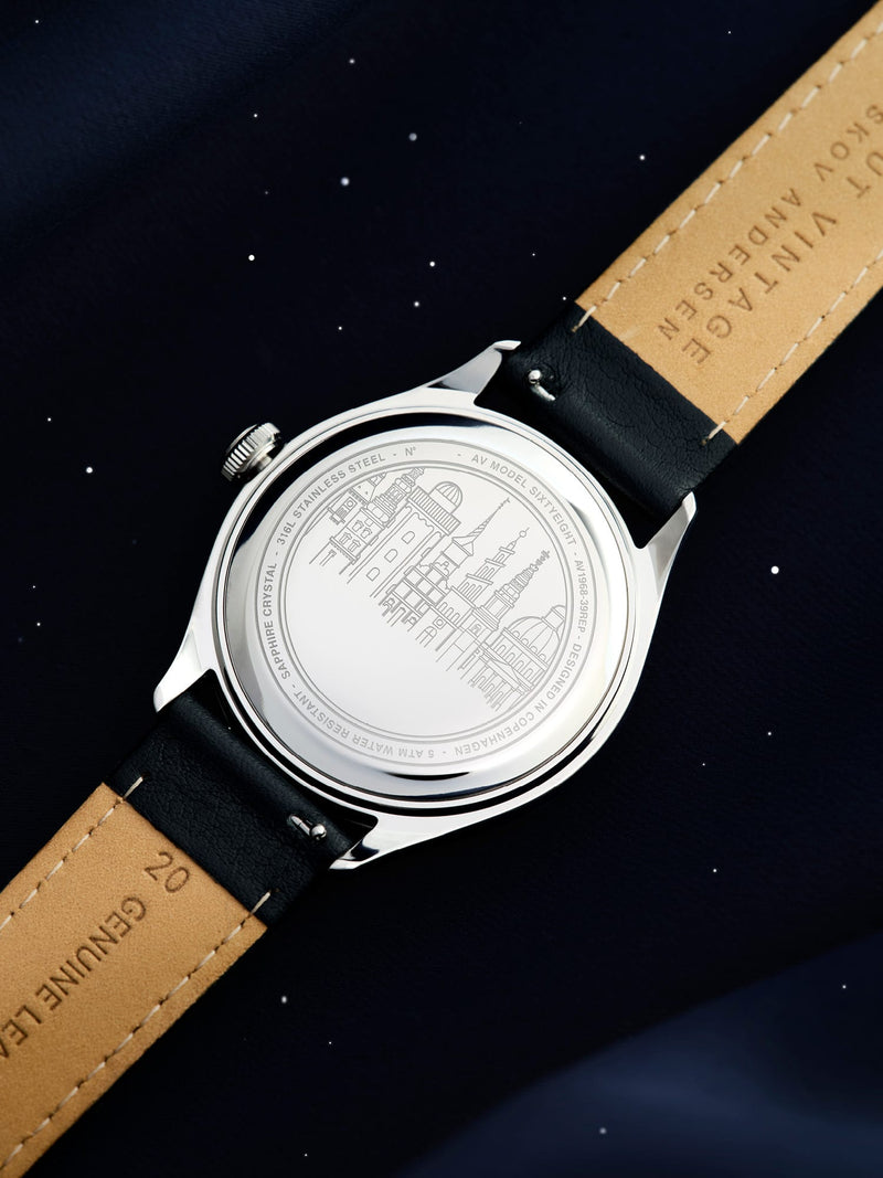 1968 Sixtyeight by AV86 with engraved case back, sapphire crystal, stainless steel case, and black leather strap