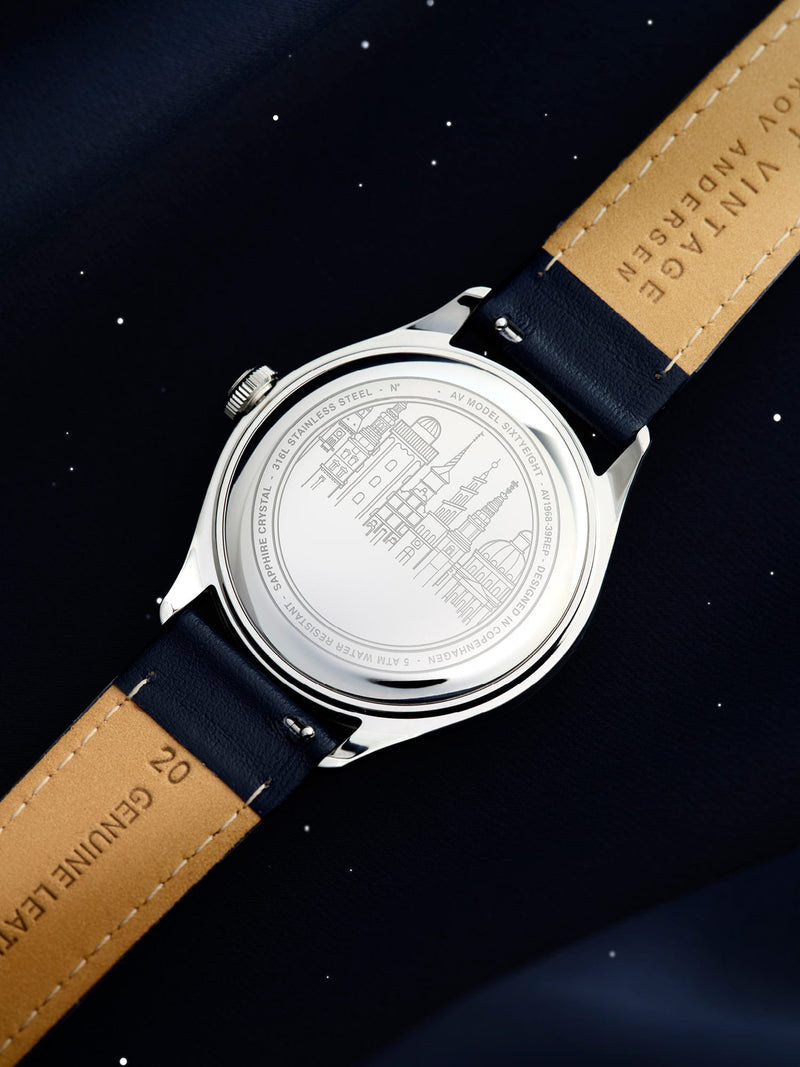 1968 Sixtyeight by AV86 with polished stainless steel case back featuring an engraved Copenhagen cityscape and leather strap