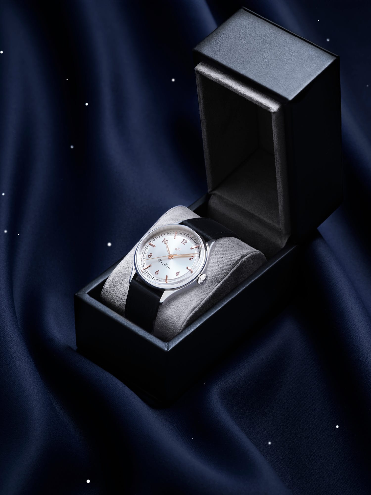 1968 Sixtyeight by AV86 dress watch with vintage-inspired dial, sapphire crystal, and black leather strap in luxury presentation box