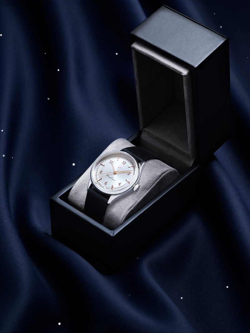 1968 Sixtyeight by AV86 dress watch with vintage-inspired dial, sapphire crystal, and black leather strap in luxury presentation box