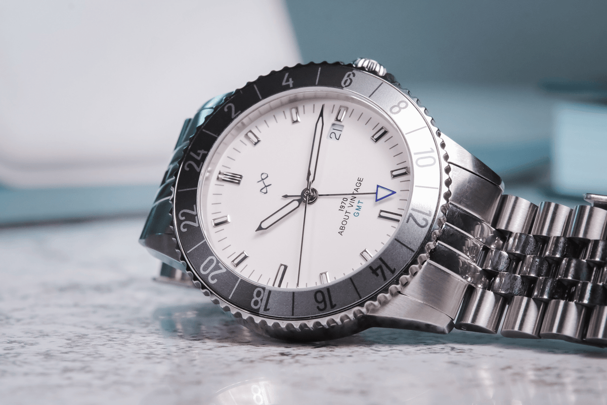 1970 Glacier GMT Automatic by AV86 with vintage-inspired dial, GMT bezel, sapphire crystal, and polished metal bracelet strap