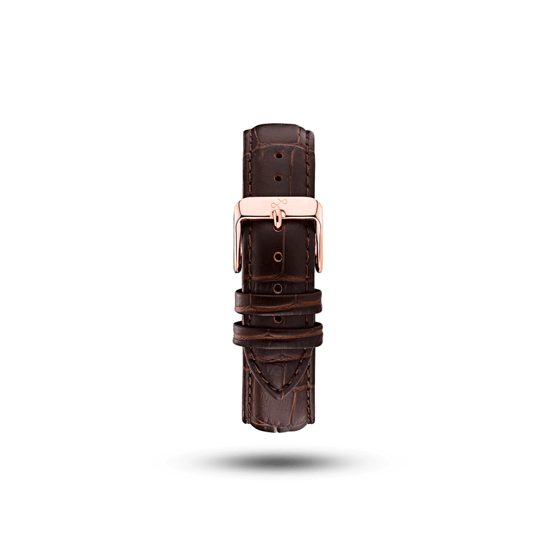 Bracelet en cuir marron effet croco signé AV86, conçu avec du cuir de grande qualité, avec un dos gravé du logo de la marque et une boucle plaquée or rose
