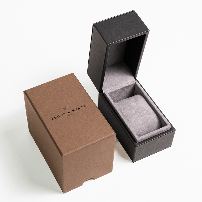 1934 Telechron by AV86 luxury watch packaging with minimalist brown outer box and black velvet-lined inner box for chronograph timepiece